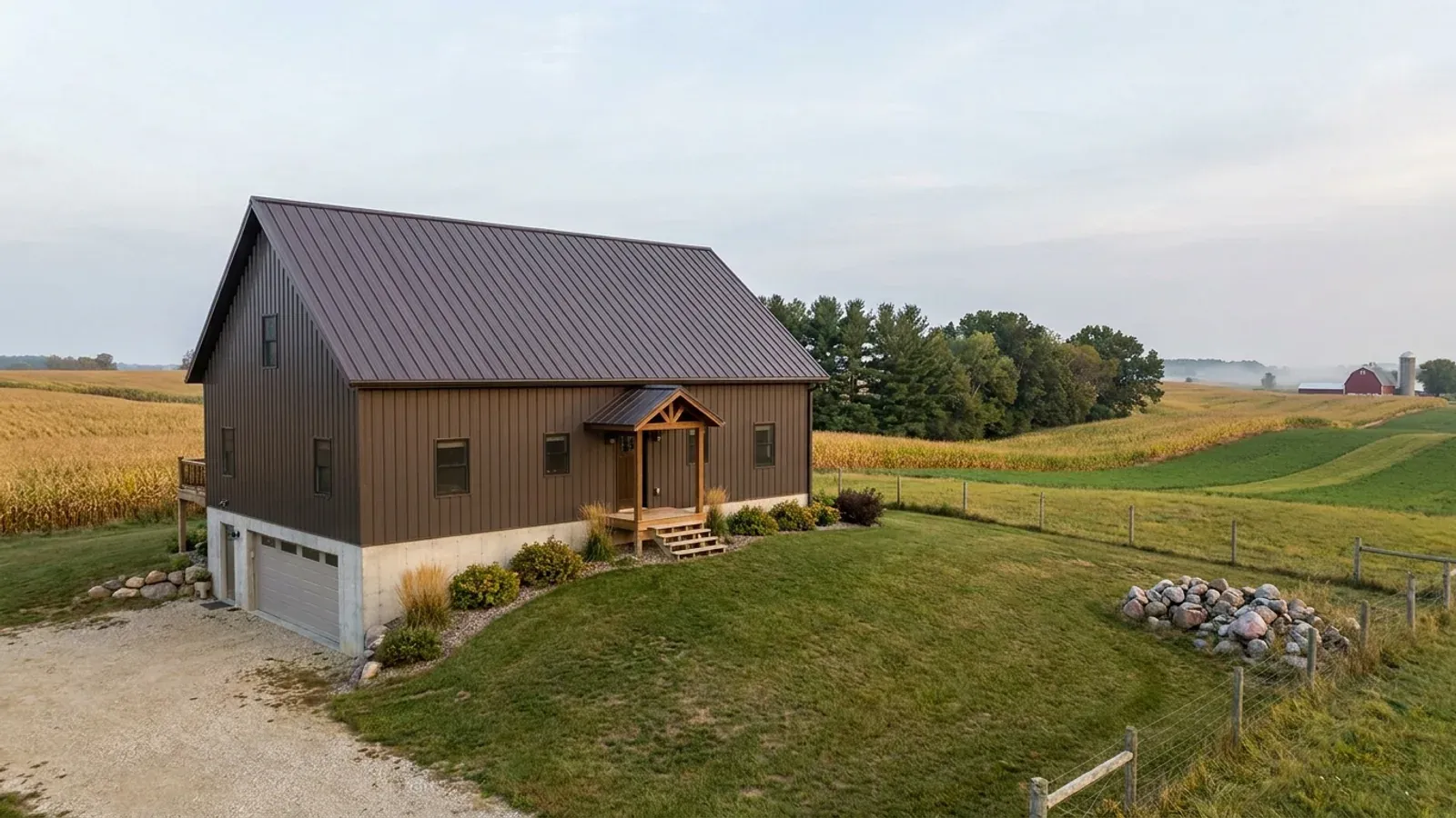 A barndominium raised on a concrete foundation wall with steps up to the entry and a garage-style door into the lower level.