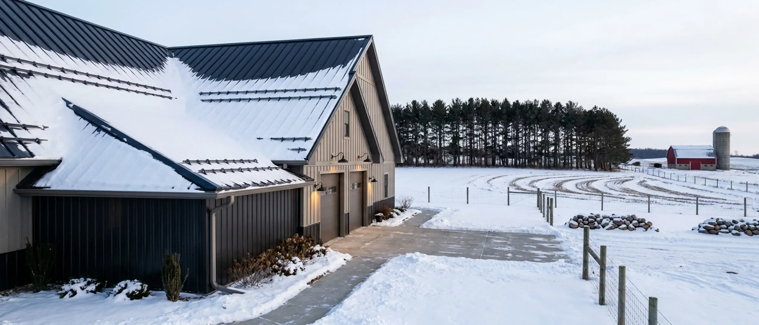 A barndominium in winter viewed from a low angle, showing snow held on its steep metal roof by snow guards, wall panels and gutters.