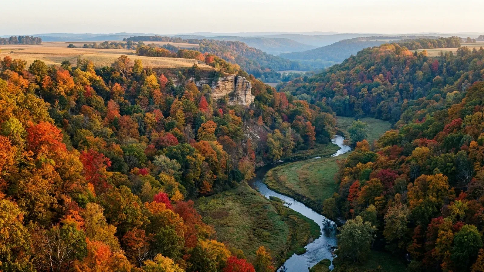 A steep wooded Driftless coulee with a trout stream in the pasture below, a sandstone outcrop and ridgetop farm fields.