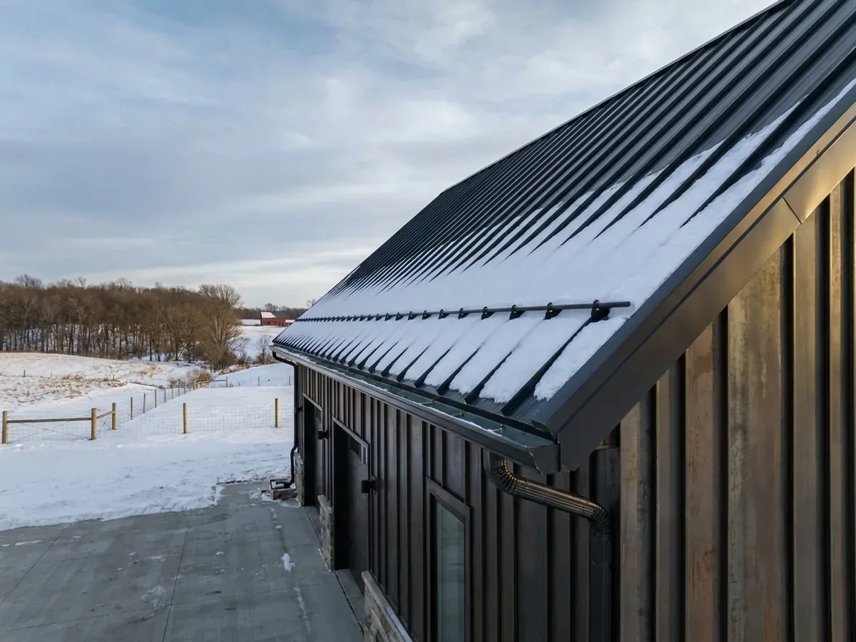 Close view of a steep standing seam metal roof holding snow behind snow guards, above vertical metal wall panels and a gutter.