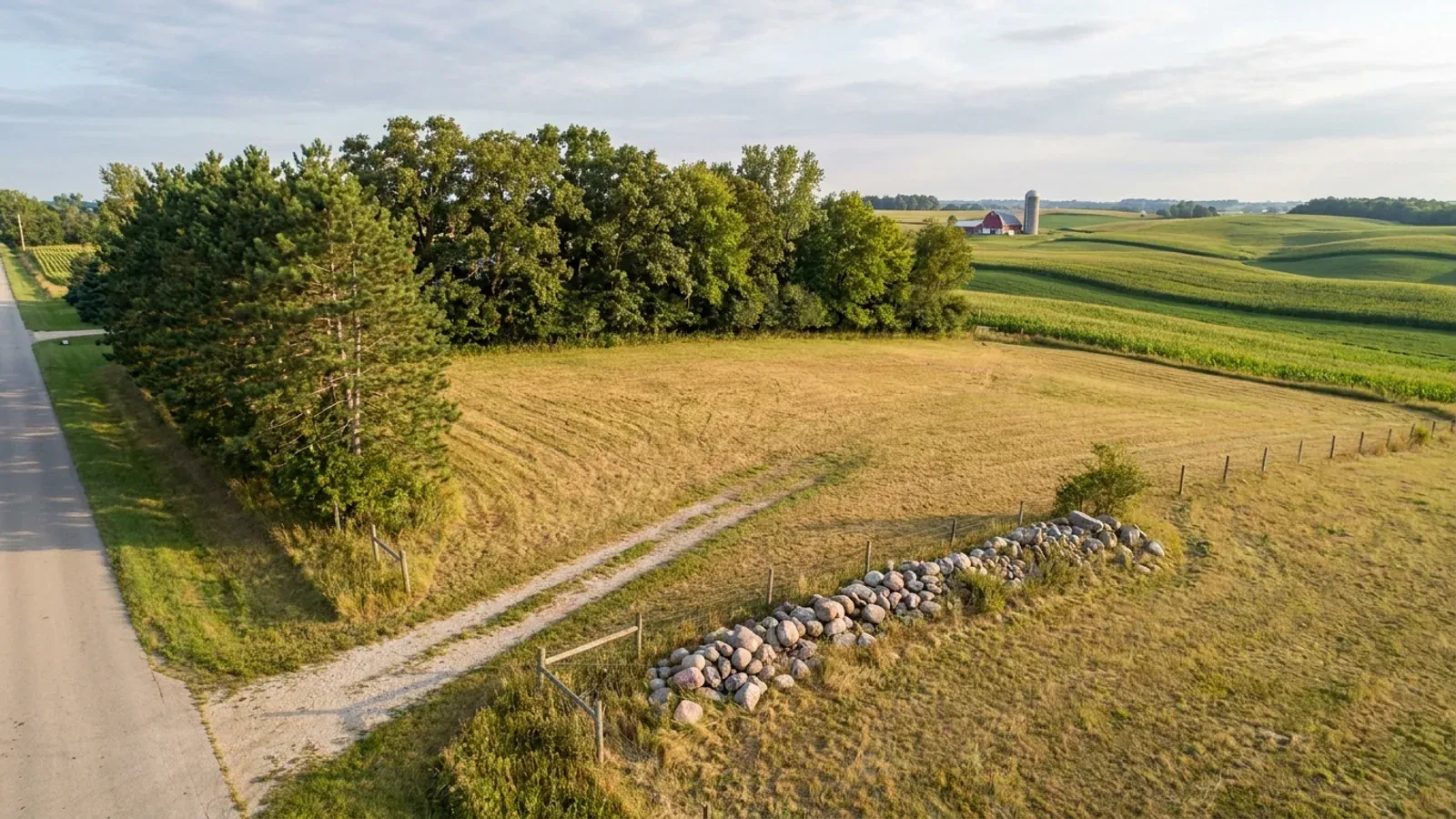 Aerial view of an undeveloped rural lot in a mown hay field, bordered by oaks and a white pine windbreak, with contour-stripped farmland beyond.