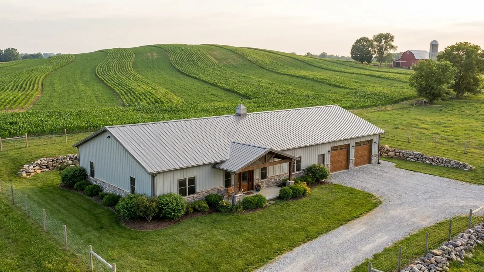 A completed single-story barndominium with a long roofline and no upper-level windows, farmland rising behind.